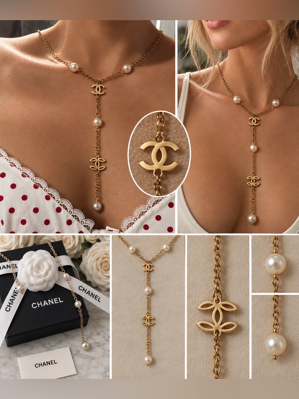 Lightweight Designer Style COCO Gold Pearl Drop Y Necklace with CC